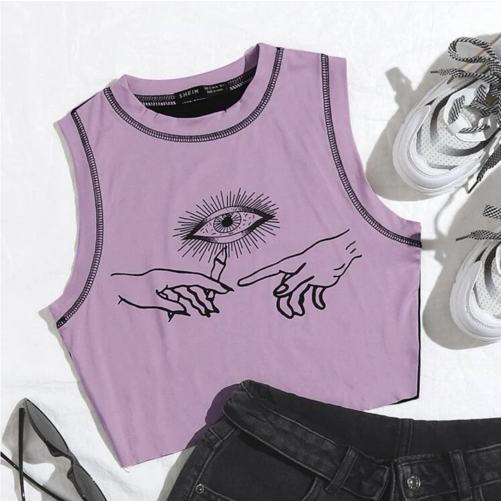 Eye and hand print crop top tank